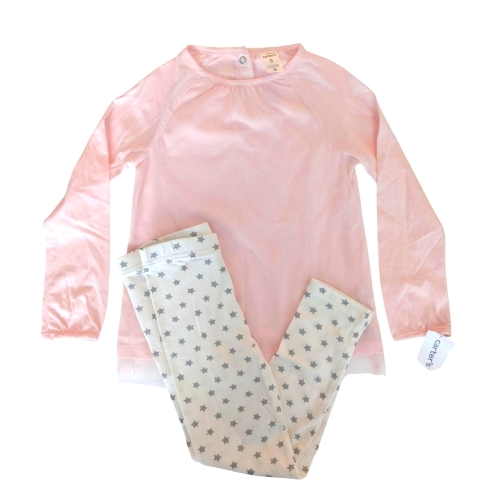 NWT Carter's Girls 2 Piece Pink Long Sleeve Top and White Star Leggings Sz 5T